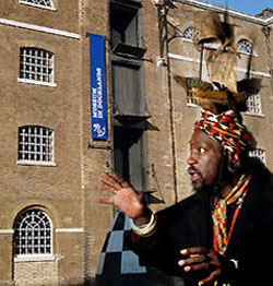 A photograph of 'the man with the ship on his head', a gallery drama character a the Museum in Docklands. Follow this link to the Museum in Docklands website